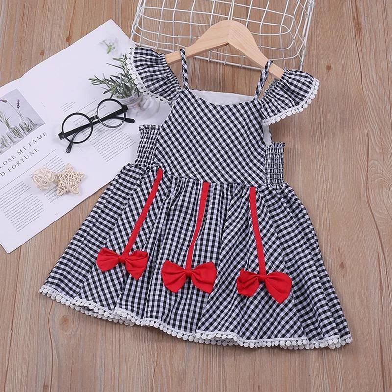 Summer Girls Plaid Bow Lace Sling Sleeve Party Dress