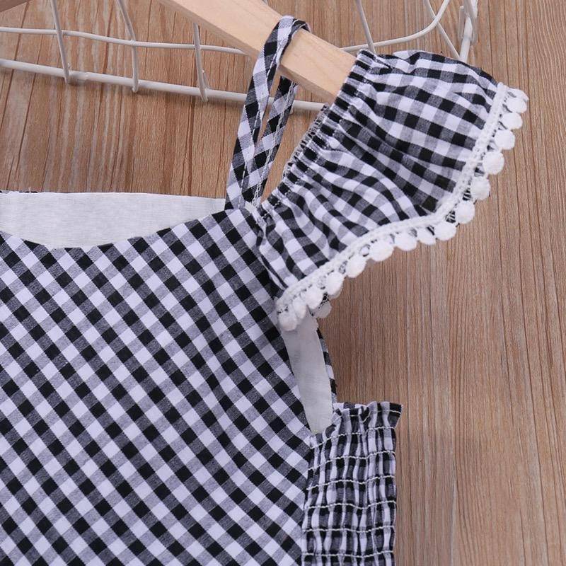 Summer Girls Plaid Bow Lace Sling Sleeve Party Dress