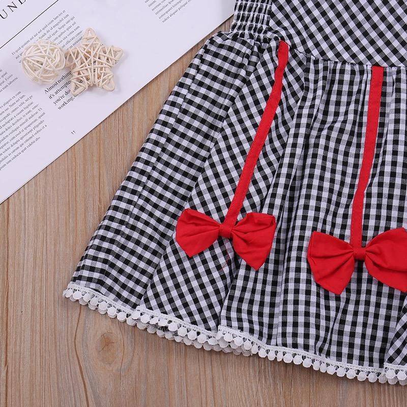 Summer Girls Plaid Bow Lace Sling Sleeve Party Dress