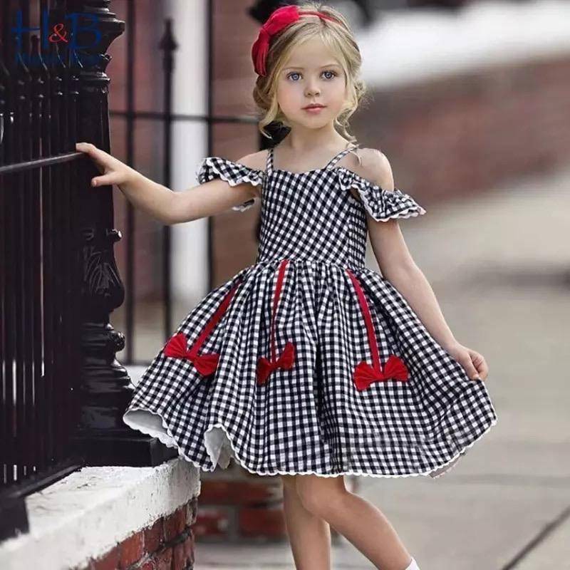 Summer Girls Plaid Bow Lace Sling Sleeve Party Dress