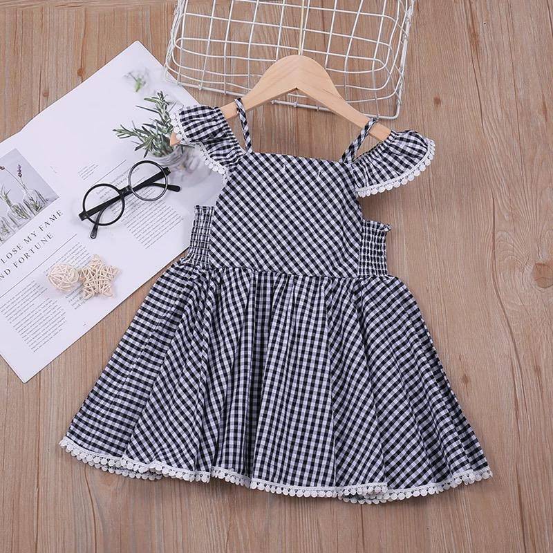 Summer Girls Plaid Bow Lace Sling Sleeve Party Dress