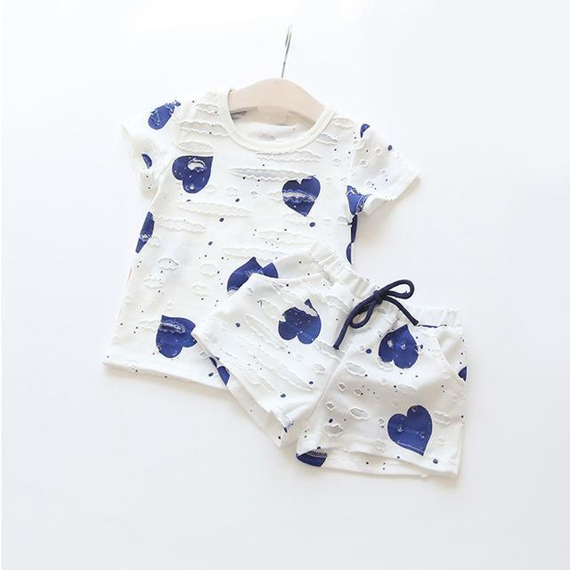 Summer Girls Short Sleeve Heart Shirt Shorts Clothes Blue