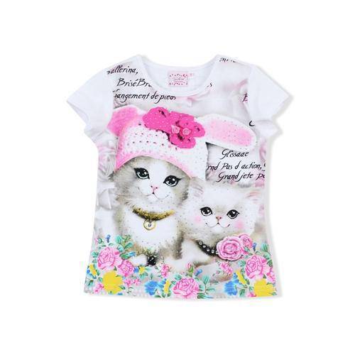 Summer Kid Girls Cartoon Cutie Cats Short Sleeve Tops Tees white
