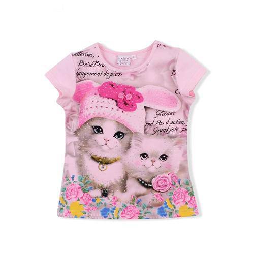 Summer Kid Girls Cartoon Cutie Cats Short Sleeve Tops Tees pink