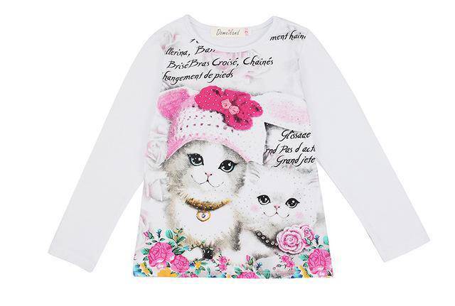 Summer Kid Girls Cartoon Cutie Cats Short Sleeve Tops Tees white 1