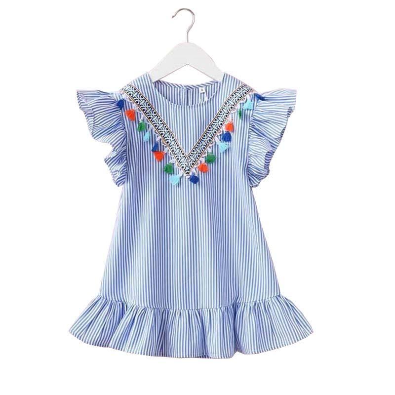 Summer Striped Blue Knee Cotton Girls Dress Blue