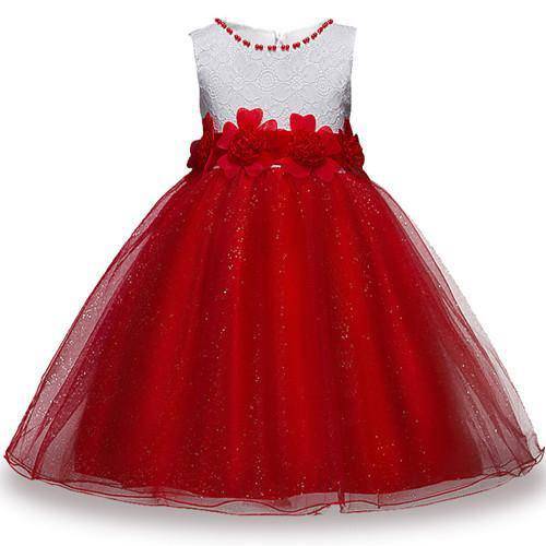 Summer girls party flower ball gowns dress wine red