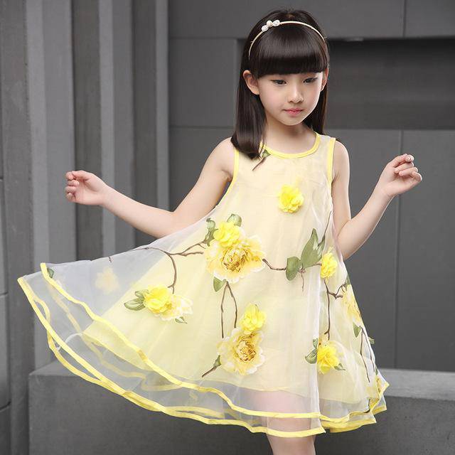 Teen Girl Sleeveless 3D Flower Party Dress Yellow