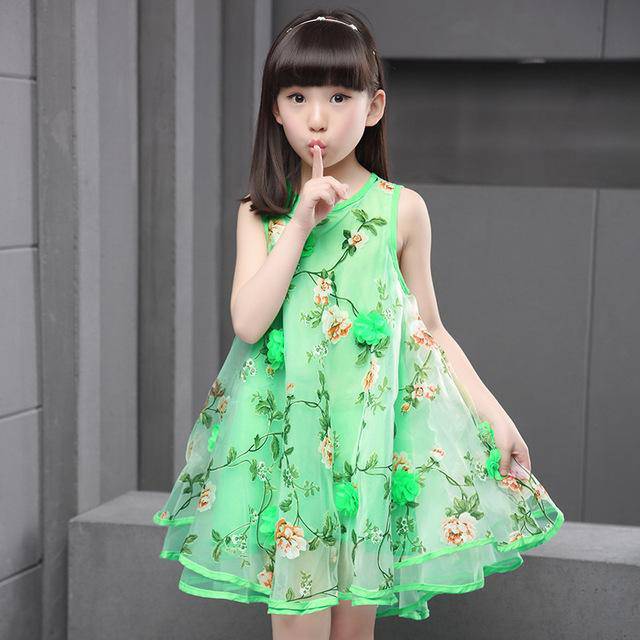 Teen Girl Sleeveless 3D Flower Party Dress Green