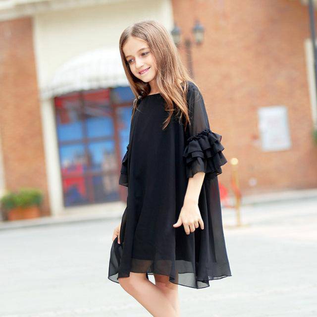 Teen Girls Black Flare Chiffon Dress Black