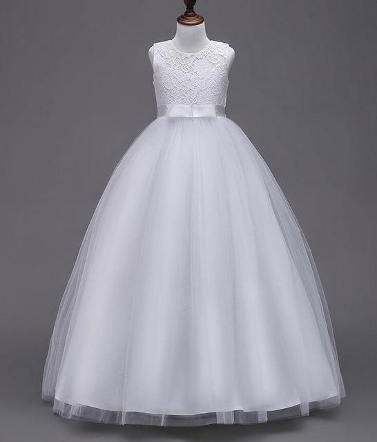 Teenage Girls Lace Tulle Ball Gown Long Dresses White