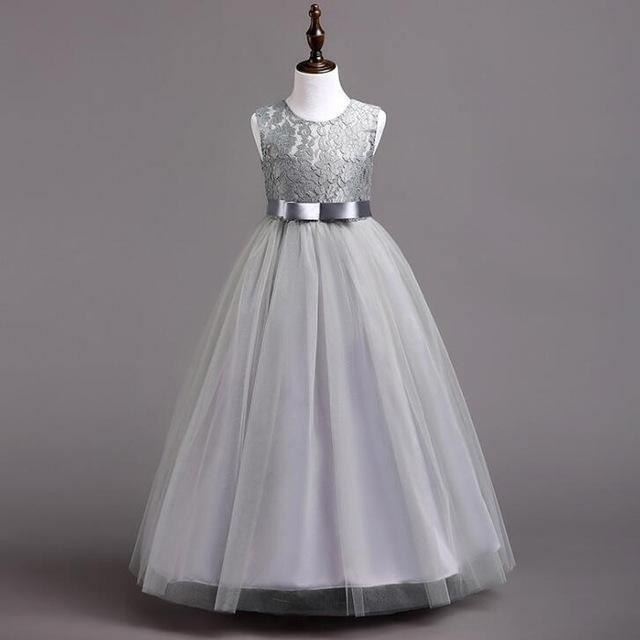 Teenage Girls Lace Tulle Ball Gown Long Dresses Gray