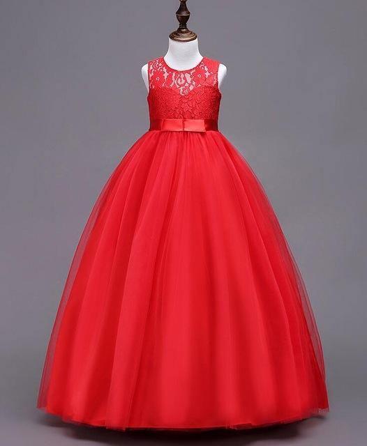 Teenage Girls Lace Tulle Ball Gown Long Dresses Red