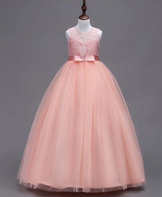 Teenage Girls Lace Tulle Ball Gown Long Dresses Pink