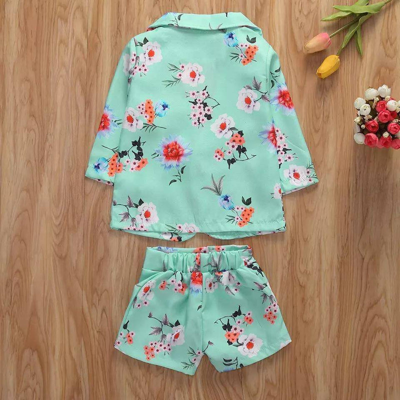 Toddler Girls Floral Coat Shorts Two Piece Suit Sets
