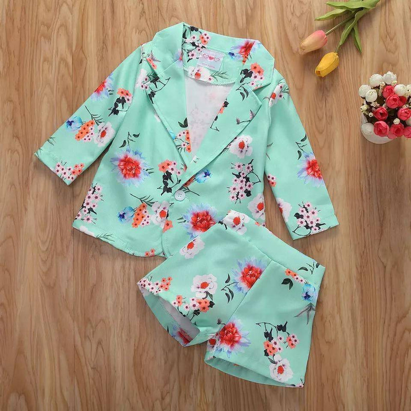 Toddler Girls Floral Coat Shorts Two Piece Suit Sets