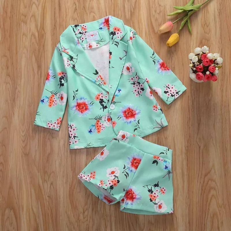 Toddler Girls Floral Coat Shorts Two Piece Suit Sets