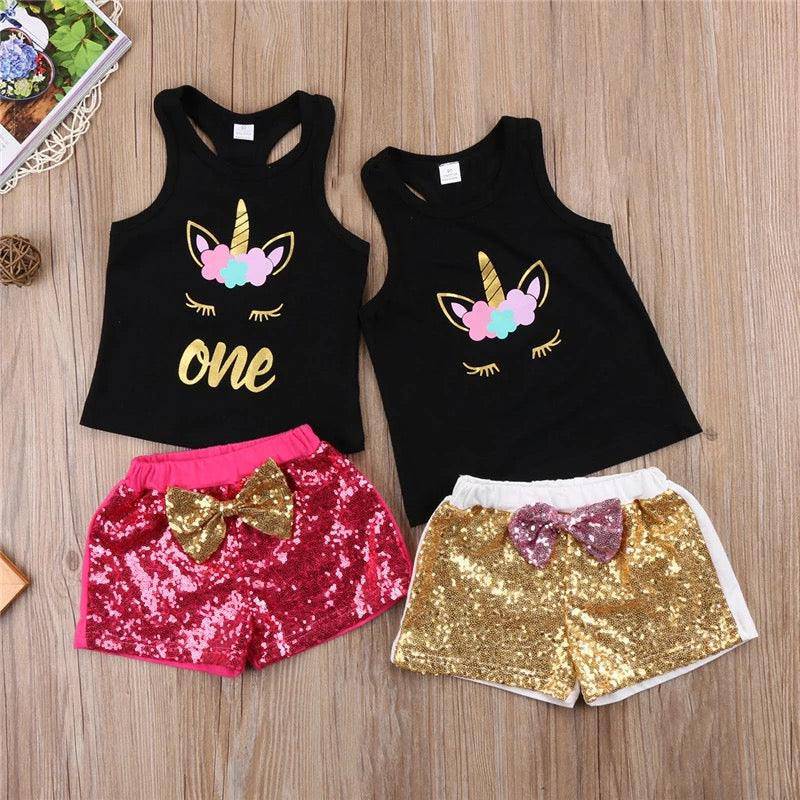 Toddler Girls Sleeveless Unicorn Top Sequins Short Pants