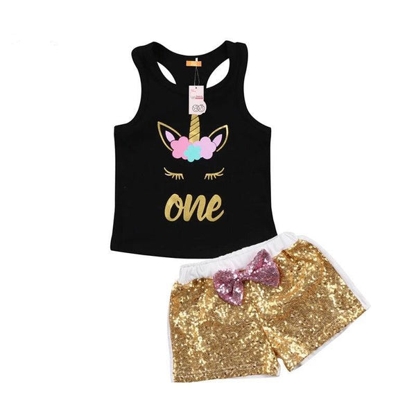 Toddler Girls Sleeveless Unicorn Top Sequins Short Pants Gold