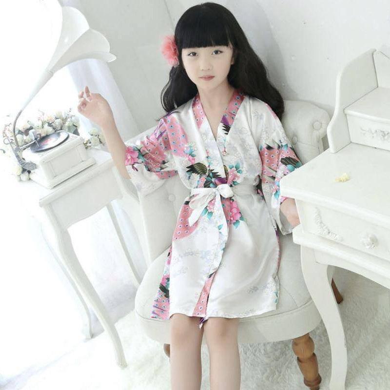 Traditional Japanese Silk Peacock Kimono Pajamas Sleepwear White
