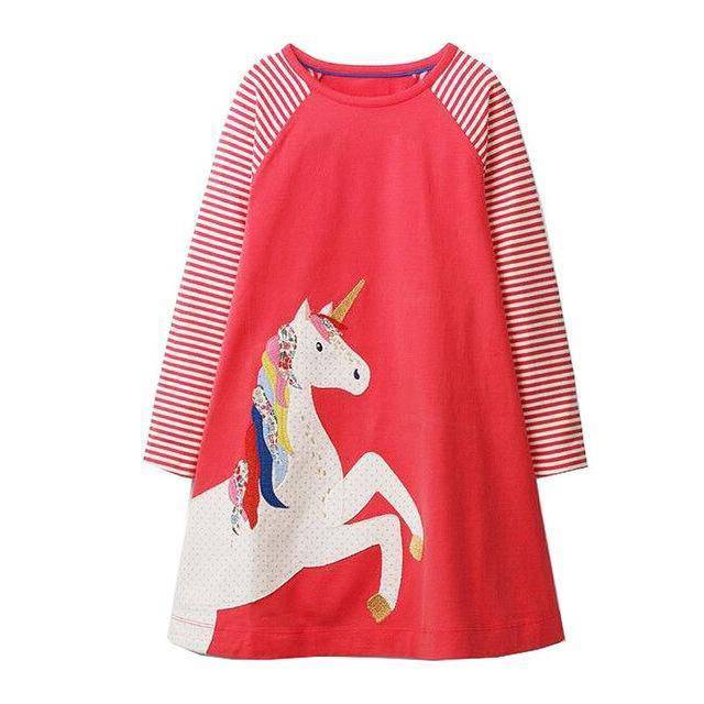 Unicorn Girls Long Sleeve Dress Kids Clothes Red