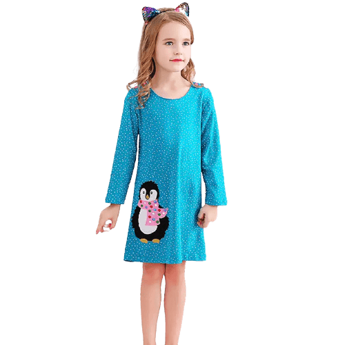 Unicorn Girls Long Sleeve Dress Kids Clothes Blue White