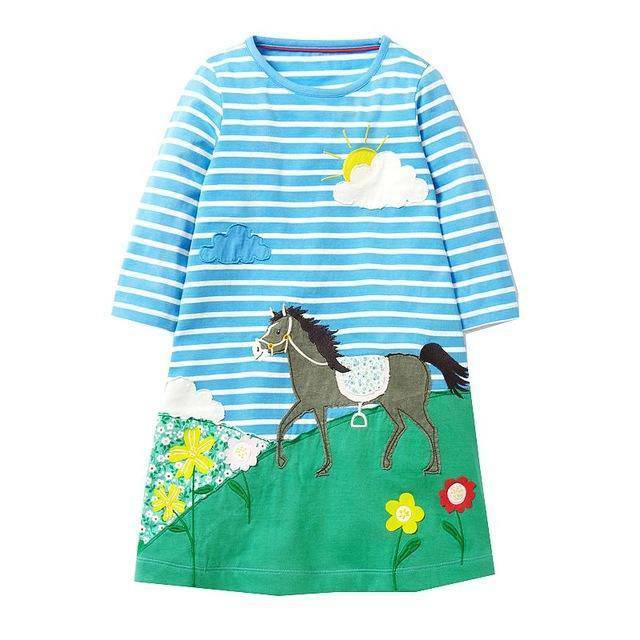 Unicorn Girls Long Sleeve Dress Kids Clothes Green Sky Blue