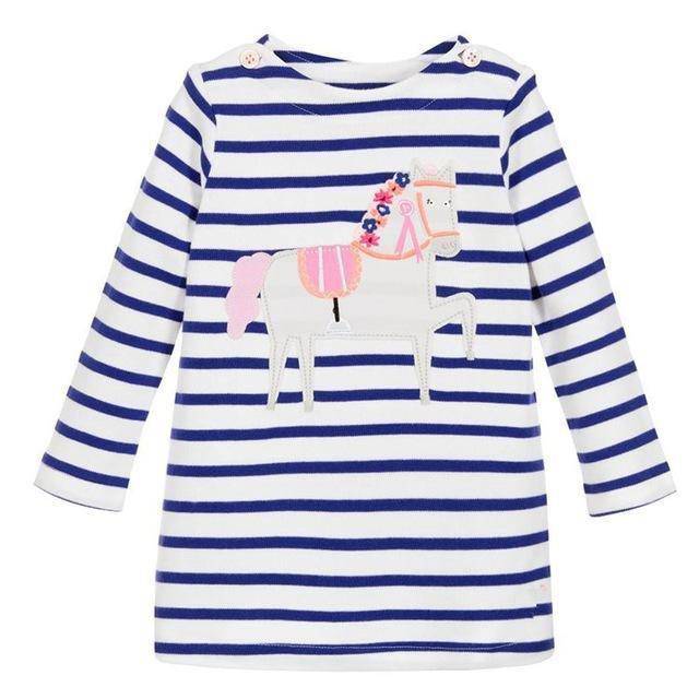 Unicorn Girls Long Sleeve Dress Kids Clothes Dark Blue White