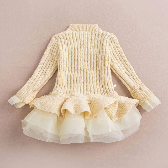 Warm Knitted Chiffon Girl Party Dress beige