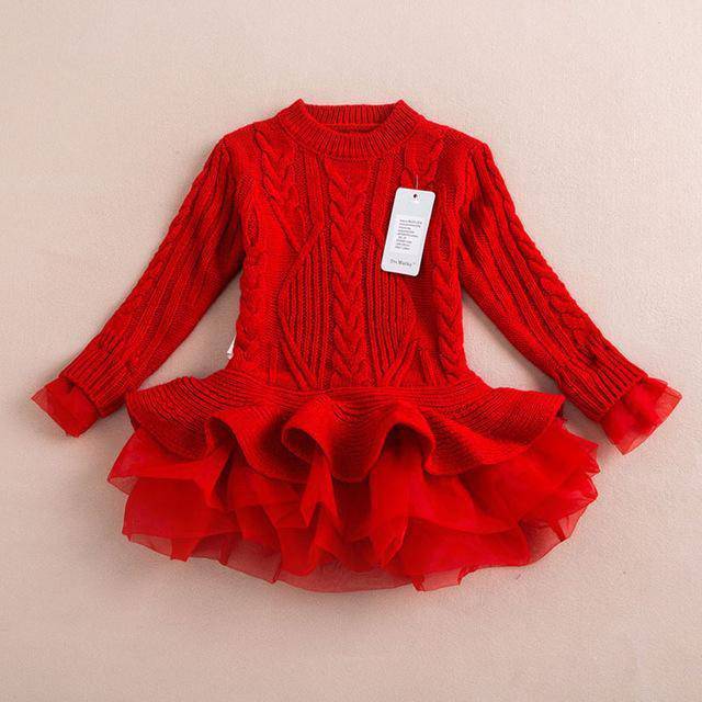 Warm Knitted Chiffon Girl Party Dress red