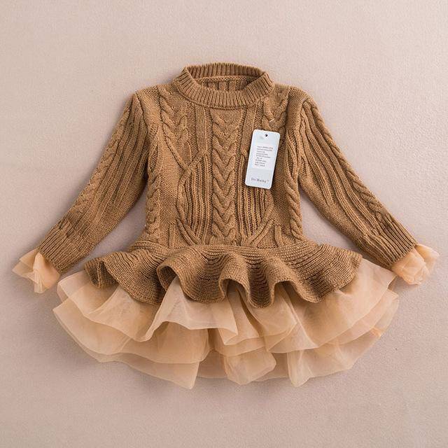 Warm Knitted Chiffon Girl Party Dress khaki