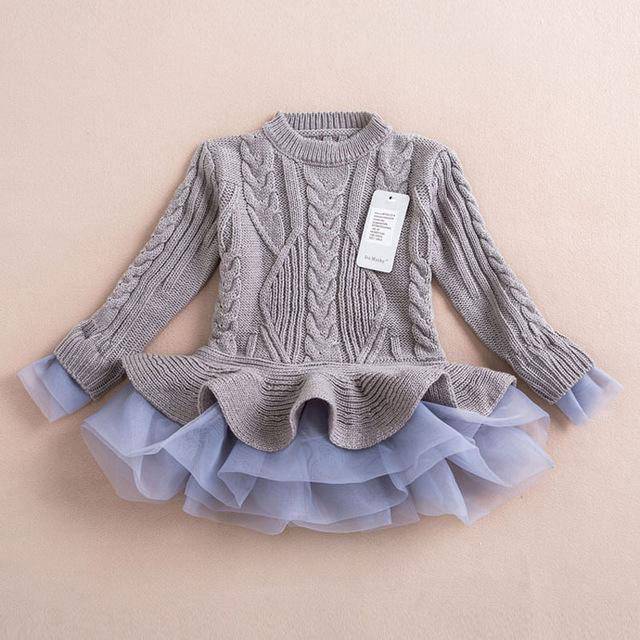 Warm Knitted Chiffon Girl Party Dress grey