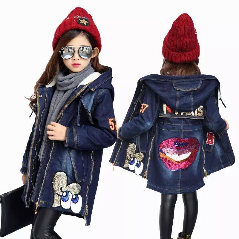 Warm Winter Kid Girl Denim Jacket Velvet Hooded Outwear