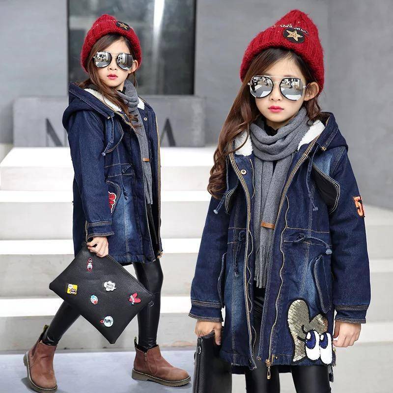 Warm Winter Kid Girl Denim Jacket Velvet Hooded Outwear