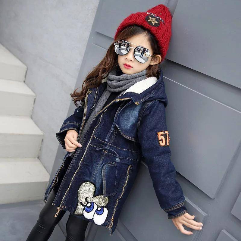 Warm Winter Kid Girl Denim Jacket Velvet Hooded Outwear Navy blue