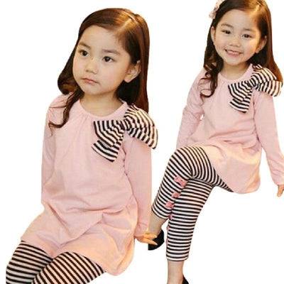 New Girls Style Bow Knot Long Sleeve Striped Leggings Clothes Pink