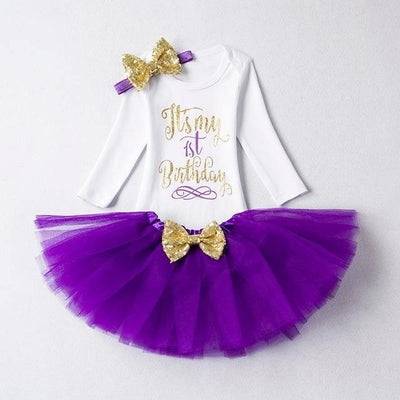 Lovely Girls Romper Skirt Headband Outfit Purple Gold White 12M