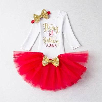 Lovely Girls Romper Skirt Headband Outfit Red Gold 12M