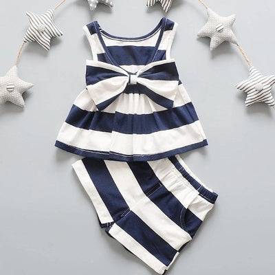 Girls Bow Tie Stripe Sleeveless Dresses With Short Pant Clothes Dark blue