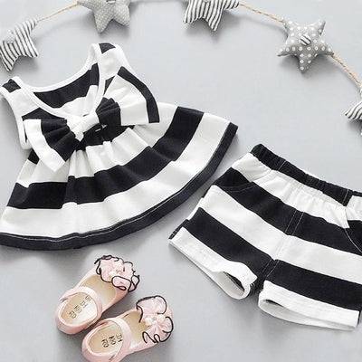 Girls Bow Tie Stripe Sleeveless Dresses With Short Pant Clothes Black