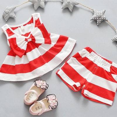 Girls Bow Tie Stripe Sleeveless Dresses With Short Pant Clothes Red