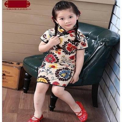 Adorable Girls Short Sleeve Qipao Dress Clothes Light Brown