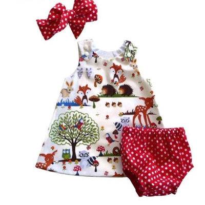 3Pcs Baby Sets Short Pants Headband Dress Clothes Red