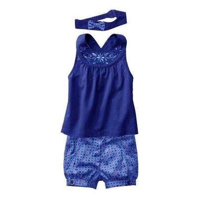 3Pcs Baby Sets Short Pants Headband Dress Clothes blue