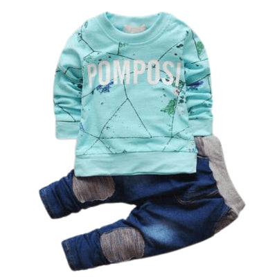 Children Alphabet Hoodie Sweater Suit Pants Outfit Sky Blue