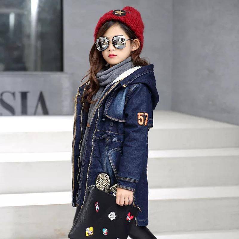 Warm Winter Kid Girl Denim Jacket Velvet Hooded Outwear