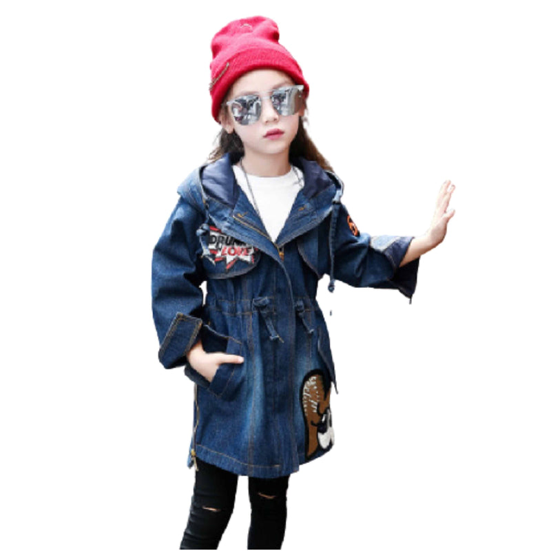 Warm Winter Kid Girl Denim Jacket Velvet Hooded Outwear Dark blue