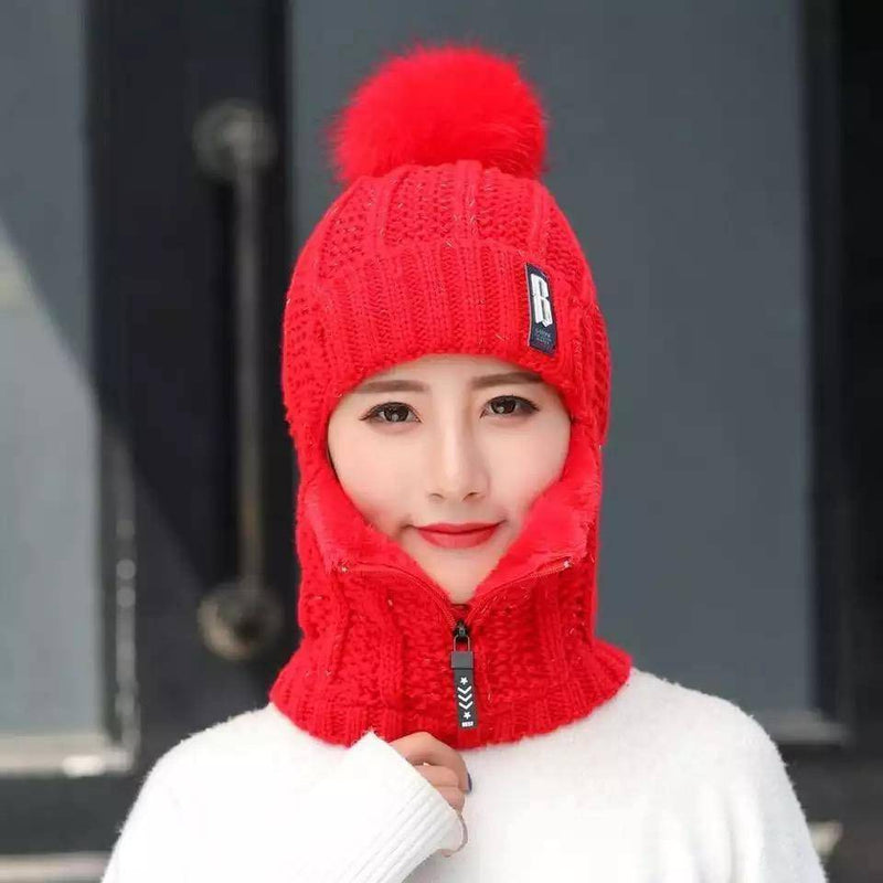 Women Neck Knit Wrap Wool Hat Red M