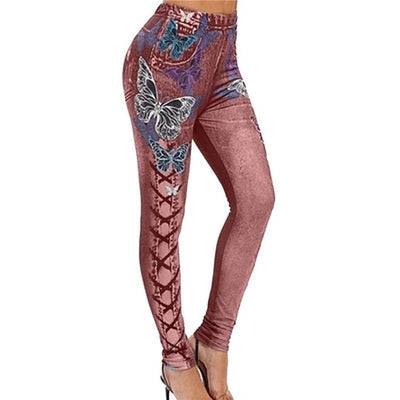 Women Fashion 3D Print Casual Hip Slimming Breathable Leggings Wine Red