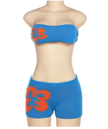 Women Embroidery Set Knit Backless Matching Slim Outfits Blue
